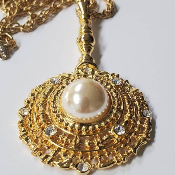 Vintage Statement Park Lane Faux Pearl Rhinestones Pendulum Pendant Necklace - Picture 2 of 10
